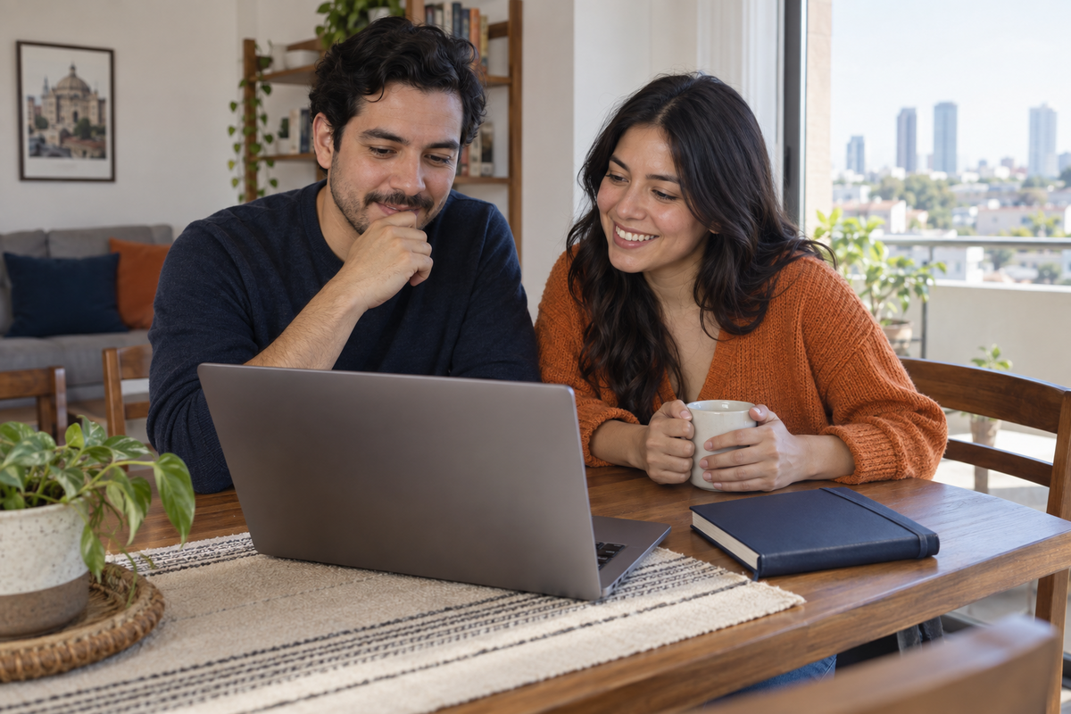 Pareja mexicana joven organizando sus metas